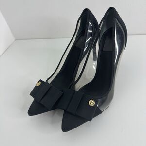 Tory Burch Black Aimee Grosgrain Fabric Pumps Heels Bow Pointed Logo Charm 7